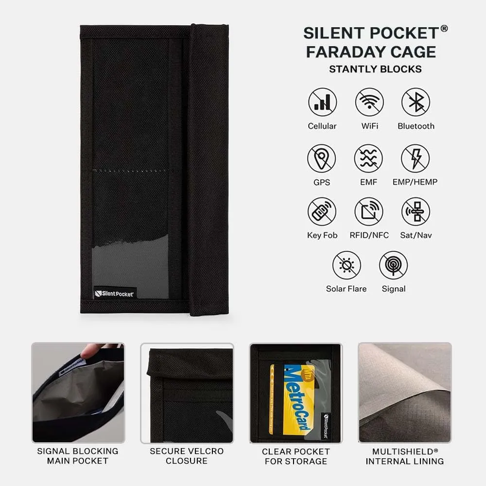 Silent Pocket SLNT Quick Access Smartphone Faraday Bag w Weatherproof Signal Blocking Nylon, Device Shielding for iPhone, Samsung Galaxy, Most Phones - Travel, Privacy, Anti-Hacking (Black, Medium)