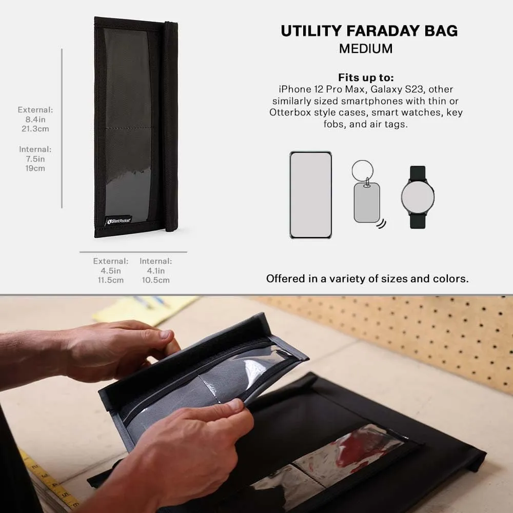 Silent Pocket SLNT Quick Access Smartphone Faraday Bag w Weatherproof Signal Blocking Nylon, Device Shielding for iPhone, Samsung Galaxy, Most Phones - Travel, Privacy, Anti-Hacking (Black, Medium)