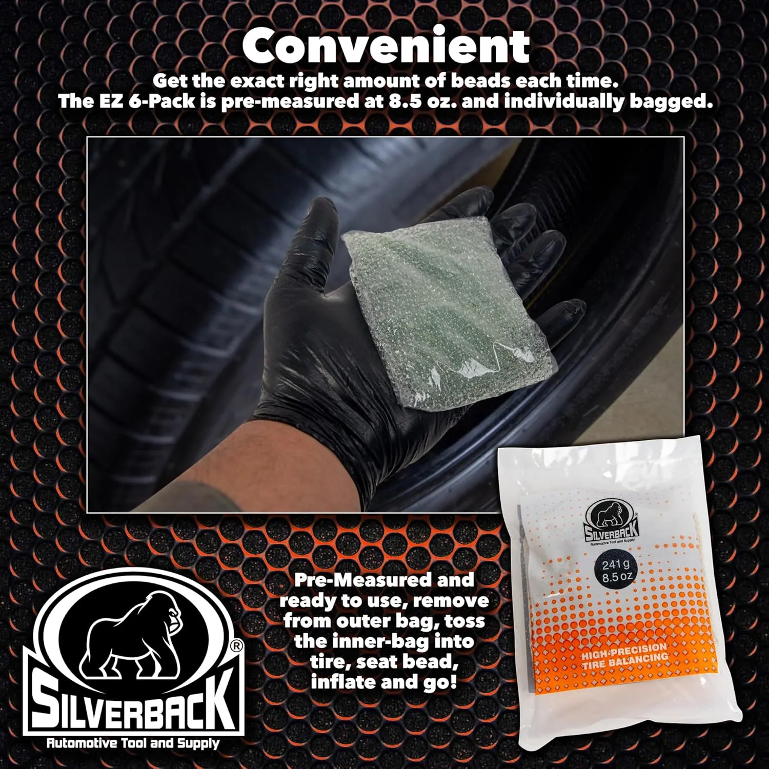 Silverback Automotive EZ 6-Pack Balancing Beads, 8.5 oz. Insert Bags. Ideal for Tire Dealers, Fleet Vehicles, Trucks, Vans, RVs, and Off-Road Tires