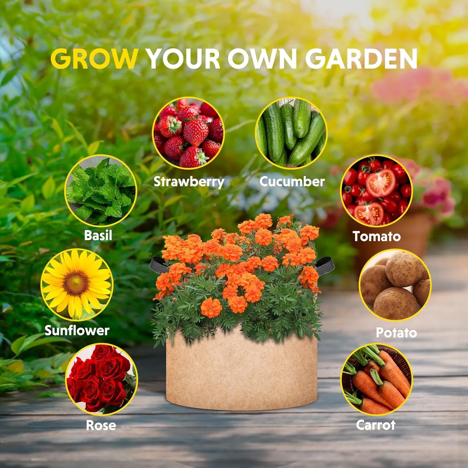 Simple Deluxe 6 Pack 5 Gallon Grow Bags, 300G Vegetable/Flower/Plant Fabric Pots with Handles, Heavy Duty Thickened Nonwoven Planting Bag with 6 Pcs Plant Labels
