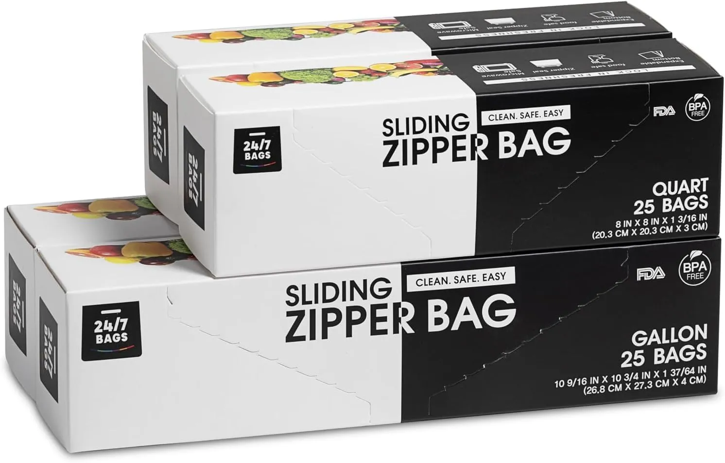 Slider Quart & Gallon Combo Pack, 100 Count, Expandable Bottom, Slider Seal, BPA-Free, Easy Write-On Rectangle (50 Bags Each)