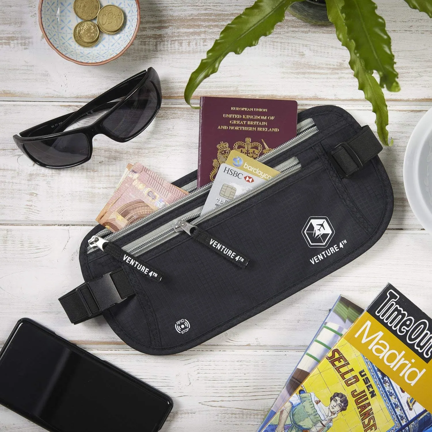 Slim Minimalist Design Money Belt, RFID Blocking for Men & Women - Ideal for Keeping Your Cash, Credit Card, Passport, Phone Safe When Traveling (Black)
