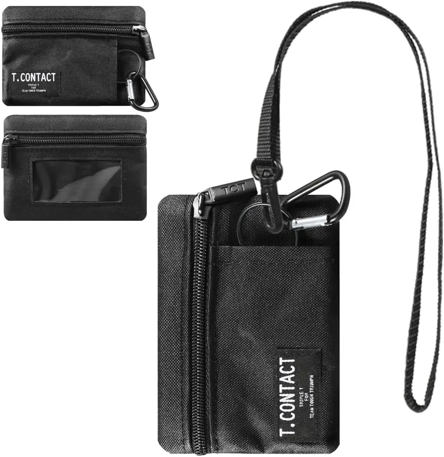 Slim RFID Blocking Zippered Lanyard Wallet - Compact ID Holder & Coin Purse for Men, Women, and Kids - Lightweight Keychain Card Case with 2 Zippered Pockets & ID Window(black, 1.0)
