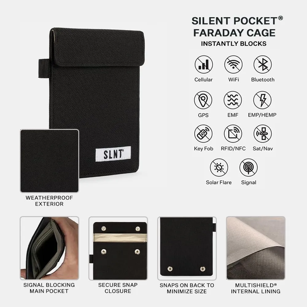 SLNT Signal Blocking Faraday Key Fob Case with Silent Pocket - Car Anti Theft Device Shields Against All Signal Types, Includes RFID Blocking & Durable Faraday Bag, Fits Most Keyfobs (Black, X-Small)