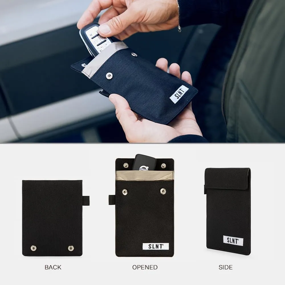 SLNT Signal Blocking Faraday Key Fob Case with Silent Pocket - Car Anti Theft Device Shields Against All Signal Types, Includes RFID Blocking & Durable Faraday Bag, Fits Most Keyfobs (Black, X-Small)
