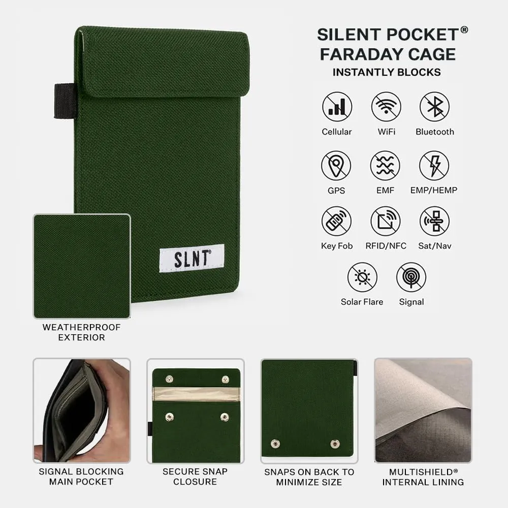 SLNT Signal Blocking Faraday Key Fob Case with Silent Pocket - Car Anti Theft Device Shields Against All Signal Types, Includes RFID Blocking & Durable Faraday Bag, Fits Most Keyfobs (Olive, X-Small)