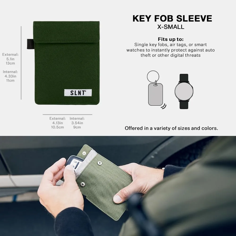 SLNT Signal Blocking Faraday Key Fob Case with Silent Pocket - Car Anti Theft Device Shields Against All Signal Types, Includes RFID Blocking & Durable Faraday Bag, Fits Most Keyfobs (Olive, X-Small)
