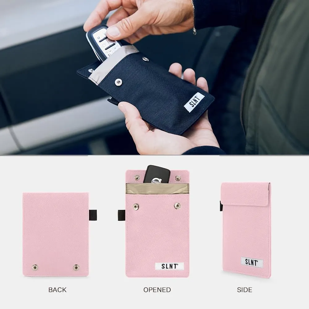 SLNT Signal Blocking Faraday Key Fob Case with Silent Pocket - Car Anti Theft Device Shields Against All Signal Types, Includes RFID Blocking & Durable Faraday Bag, Fits Most Keyfobs (Pink, X-Small)