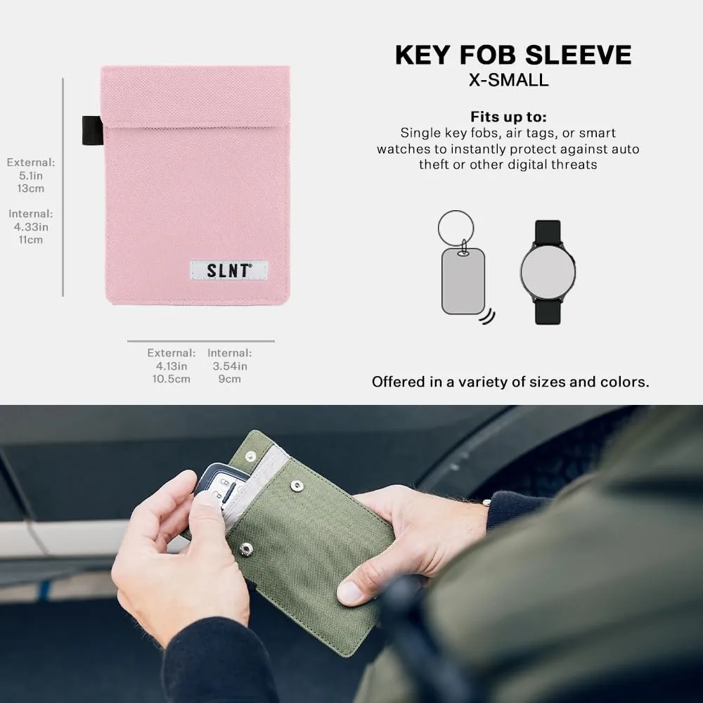 SLNT Signal Blocking Faraday Key Fob Case with Silent Pocket - Car Anti Theft Device Shields Against All Signal Types, Includes RFID Blocking & Durable Faraday Bag, Fits Most Keyfobs (Pink, X-Small)