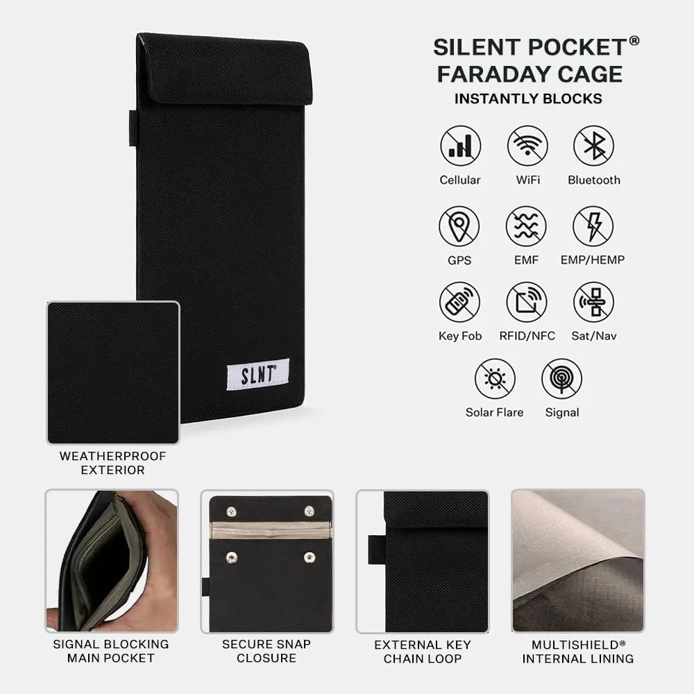 SLNT Signal Blocking Faraday Key Fob Case with Silent Pocket - Car Anti Theft Device Shields Against All Signal Types, Including RFID Blocking & Durable Faraday Bag, Fits Most Keyfobs (Black, Small)