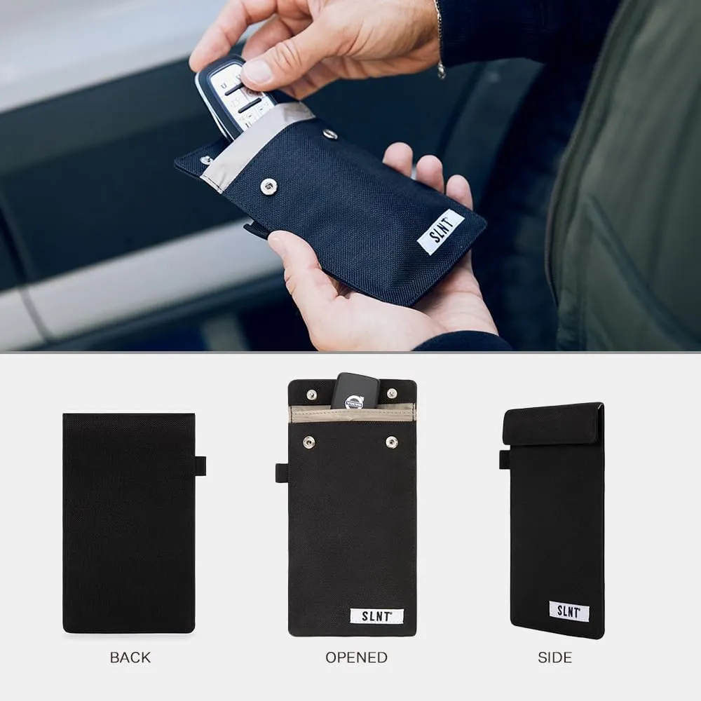 SLNT Signal Blocking Faraday Key Fob Case with Silent Pocket - Car Anti Theft Device Shields Against All Signal Types, Including RFID Blocking & Durable Faraday Bag, Fits Most Keyfobs (Black, Small)