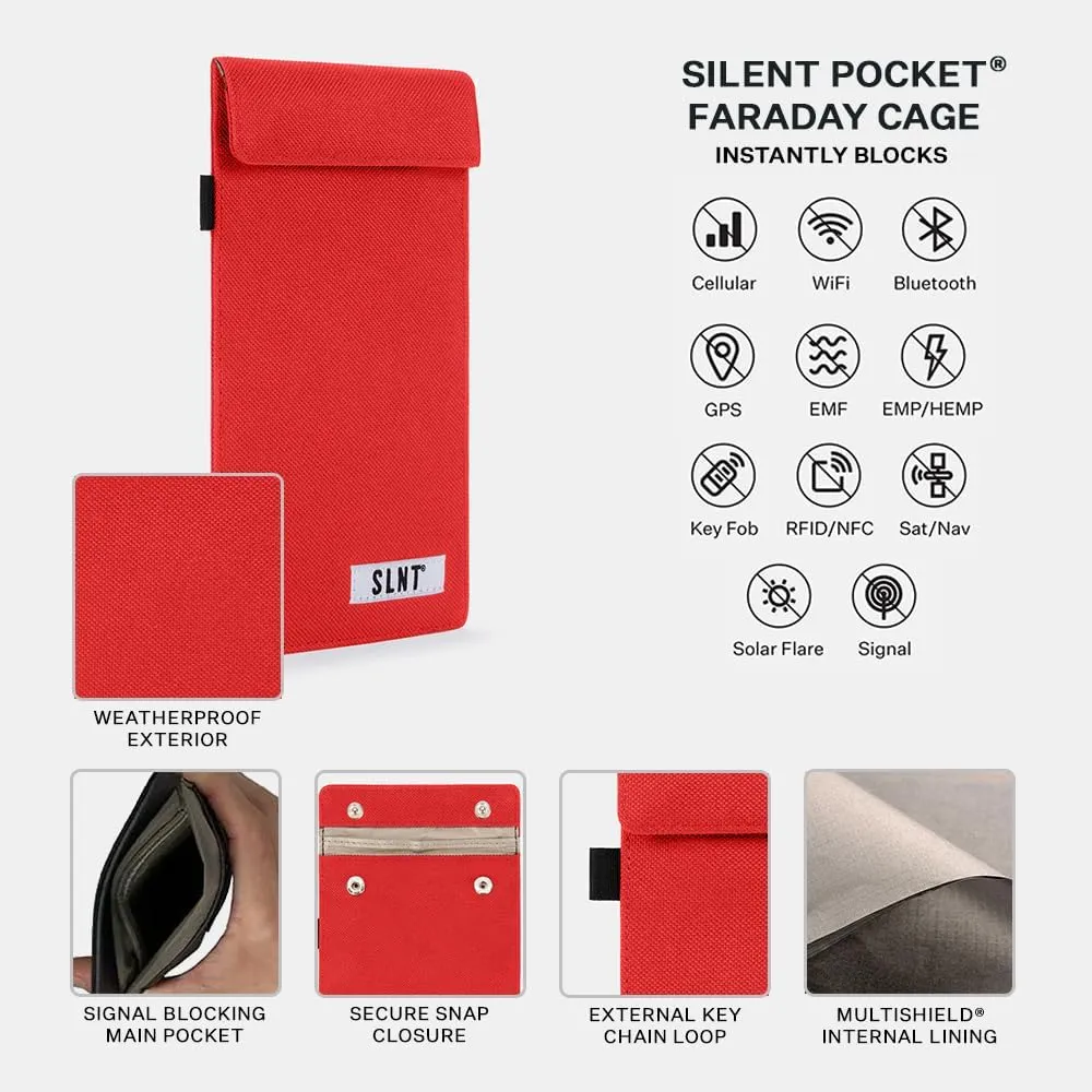 SLNT Signal Blocking Faraday Key Fob Case with Silent Pocket - Car Anti Theft Device Shields Against All Signal Types, Including RFID Blocking & Durable Faraday Bag, Fits Most Keyfobs (Red, Small)