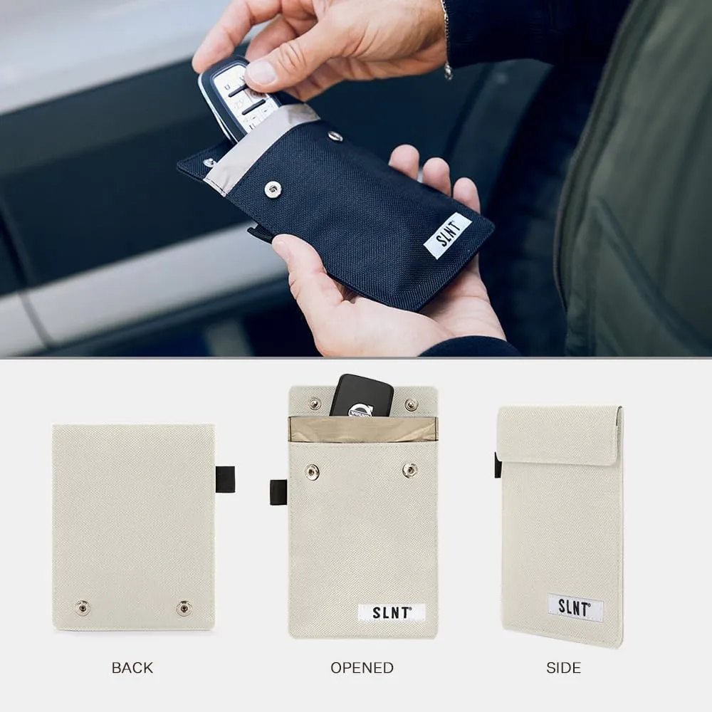 SLNT Signal Blocking Faraday Key Fob Case w/Silent Pocket - Car Anti Theft Device Shields Against All Signal Types, Includes RFID Blocking & Durable Faraday Bag, Fits Most Keyfobs (Natural, X-Small)