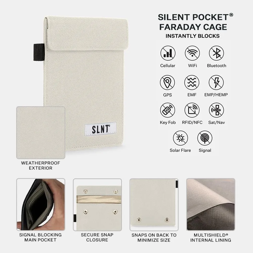 SLNT Signal Blocking Faraday Key Fob Case w/Silent Pocket - Car Anti Theft Device Shields Against All Signal Types, Includes RFID Blocking & Durable Faraday Bag, Fits Most Keyfobs (Natural, X-Small)