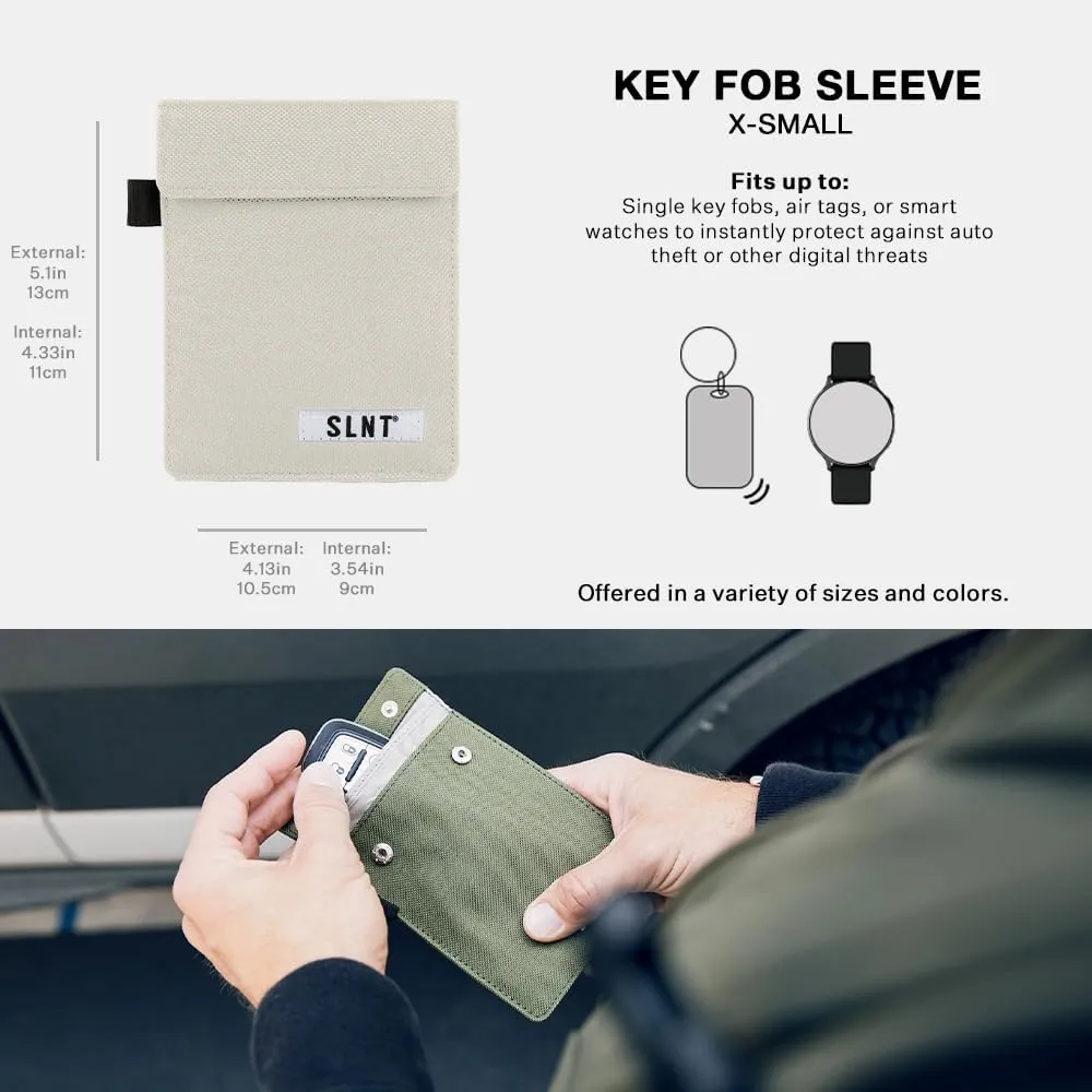 SLNT Signal Blocking Faraday Key Fob Case w/Silent Pocket - Car Anti Theft Device Shields Against All Signal Types, Includes RFID Blocking & Durable Faraday Bag, Fits Most Keyfobs (Natural, X-Small)
