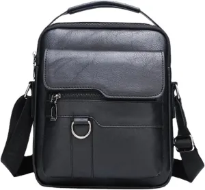Small Leather Messenger Shoulder Crossbody Bag for Mens Travel Office Business Adjustable Strap (Black)