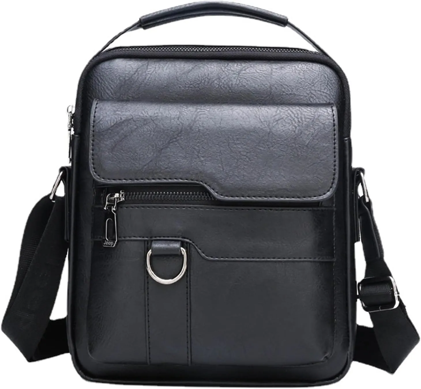 Small Leather Messenger Shoulder Crossbody Bag for Mens Travel Office Business Adjustable Strap (Black)