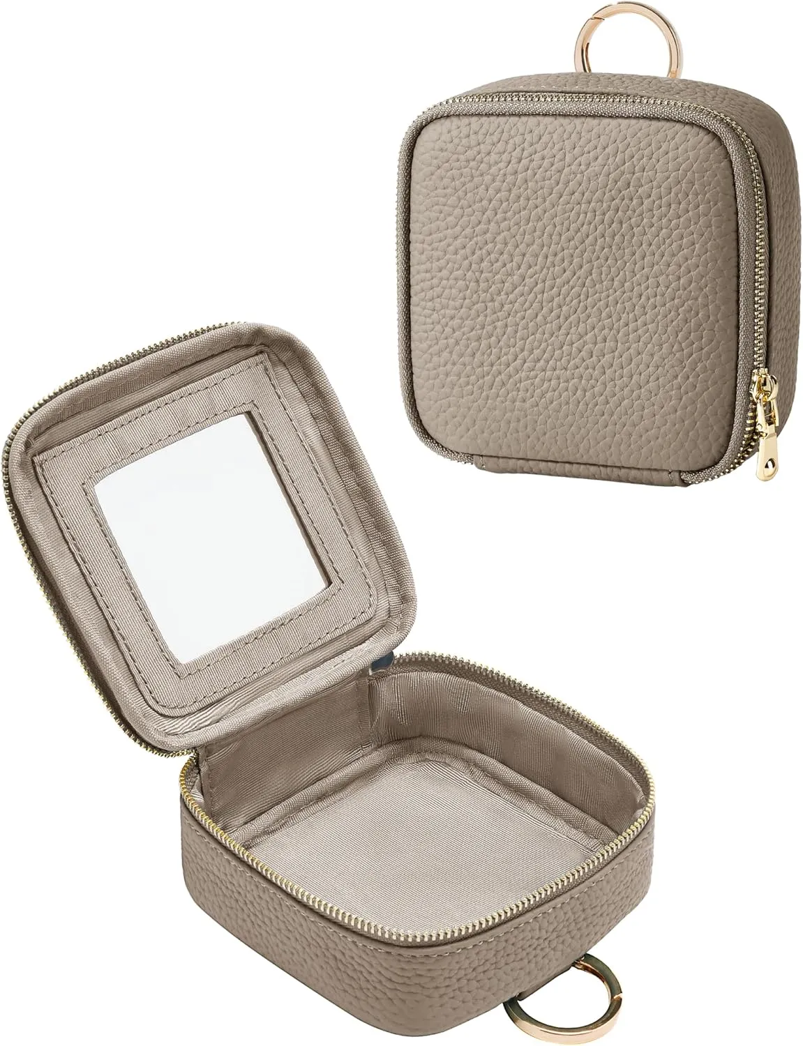 Small Makeup Bag with Mirror, Leather Mini Cosmetic Bag for Purse Makeup Pouch with Zipper Mini Toiletry Bag Cute Cosmetic Pouch for School, Travel, Car (Stone)