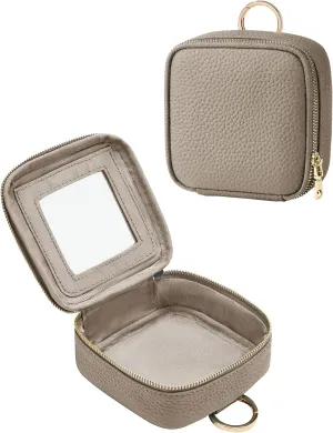 Small Makeup Bag with Mirror, Leather Mini Cosmetic Bag for Purse Makeup Pouch with Zipper Mini Toiletry Bag Cute Cosmetic Pouch for School, Travel, Car (Stone)