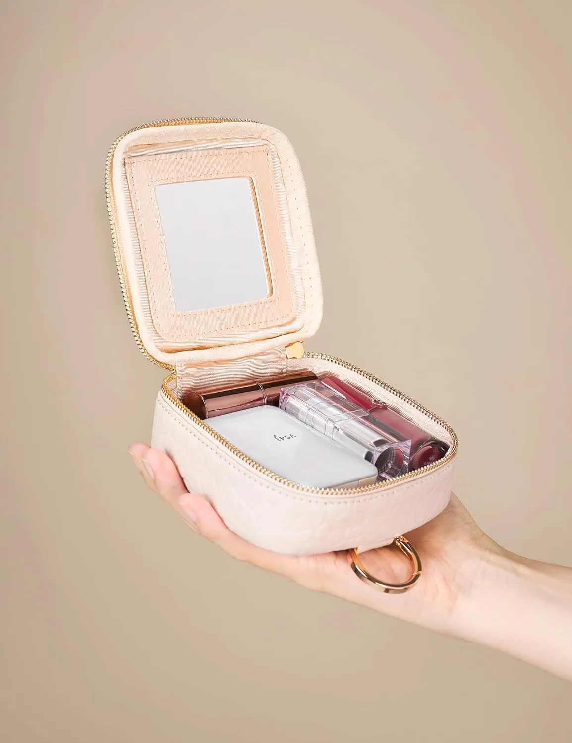 Small Makeup Bag with Mirror, Leather Mini Cosmetic Bag for Purse Makeup Pouch with Zipper Mini Toiletry Bag Cute Cosmetic Pouch for School, Travel, Car (Stone)