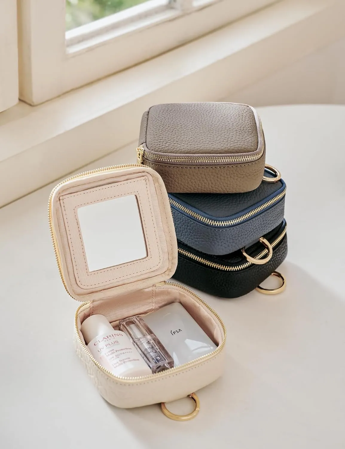 Small Makeup Bag with Mirror, Leather Mini Cosmetic Bag for Purse Makeup Pouch with Zipper Mini Toiletry Bag Cute Cosmetic Pouch for School, Travel, Car (Stone)