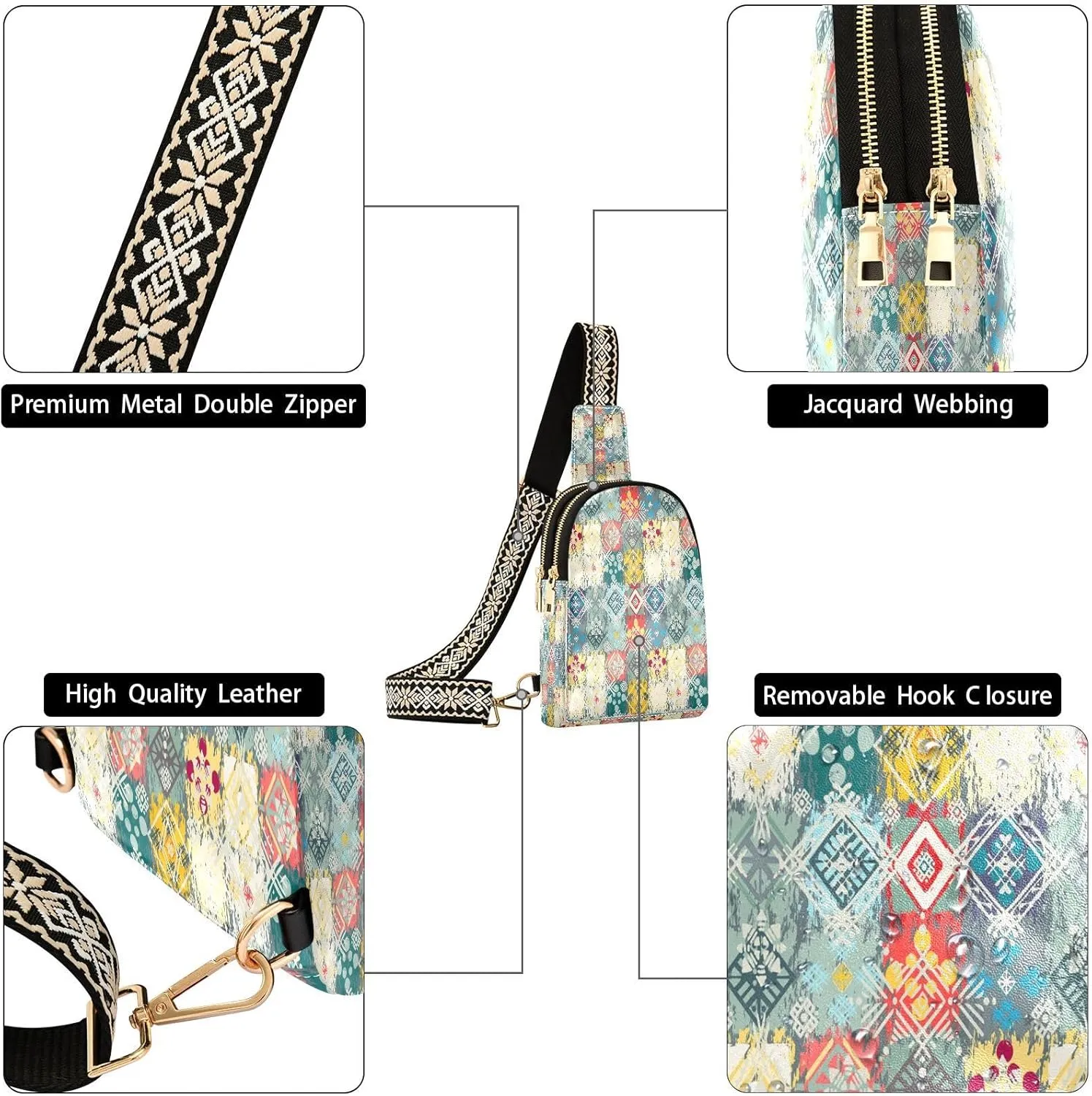 Small Sling Bag for Women Crossbody Folk Style Fashion Leather Crossbody Bag for Women Boho Ethnic Style Trendy Crossbody Purse Fanny Pack with Adjustable Guitar Strap Outfit