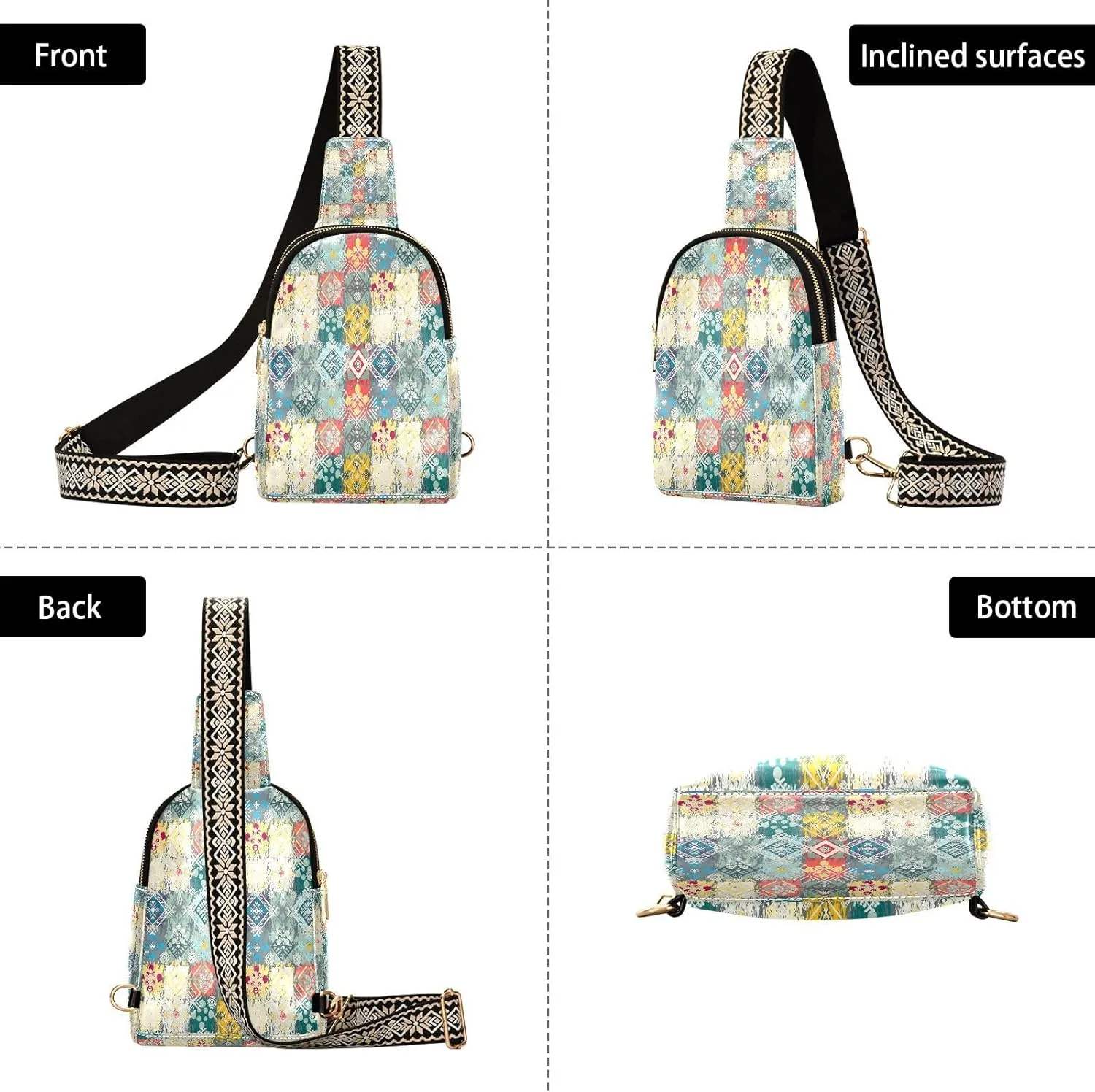 Small Sling Bag for Women Crossbody Folk Style Fashion Leather Crossbody Bag for Women Boho Ethnic Style Trendy Crossbody Purse Fanny Pack with Adjustable Guitar Strap Outfit