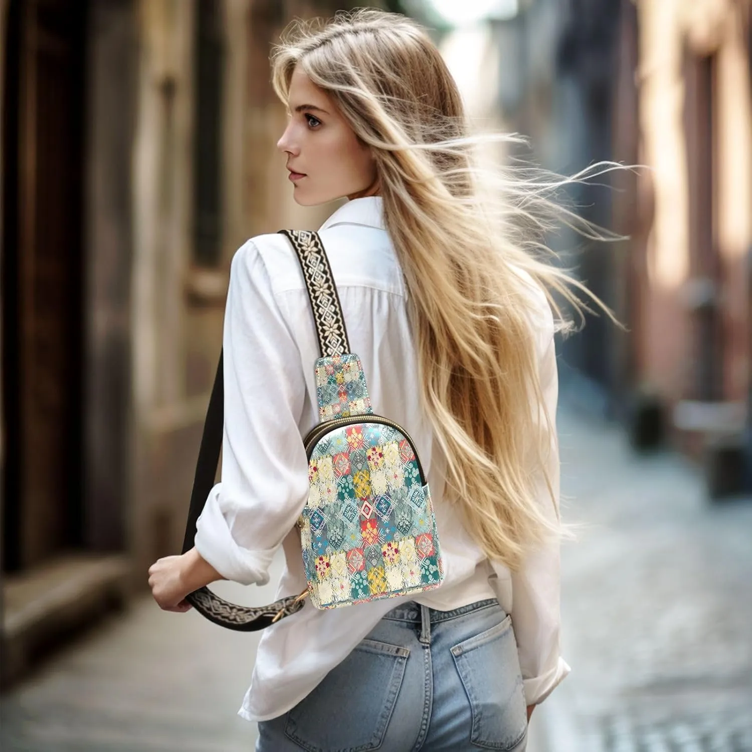 Small Sling Bag for Women Crossbody Folk Style Fashion Leather Crossbody Bag for Women Boho Ethnic Style Trendy Crossbody Purse Fanny Pack with Adjustable Guitar Strap Outfit