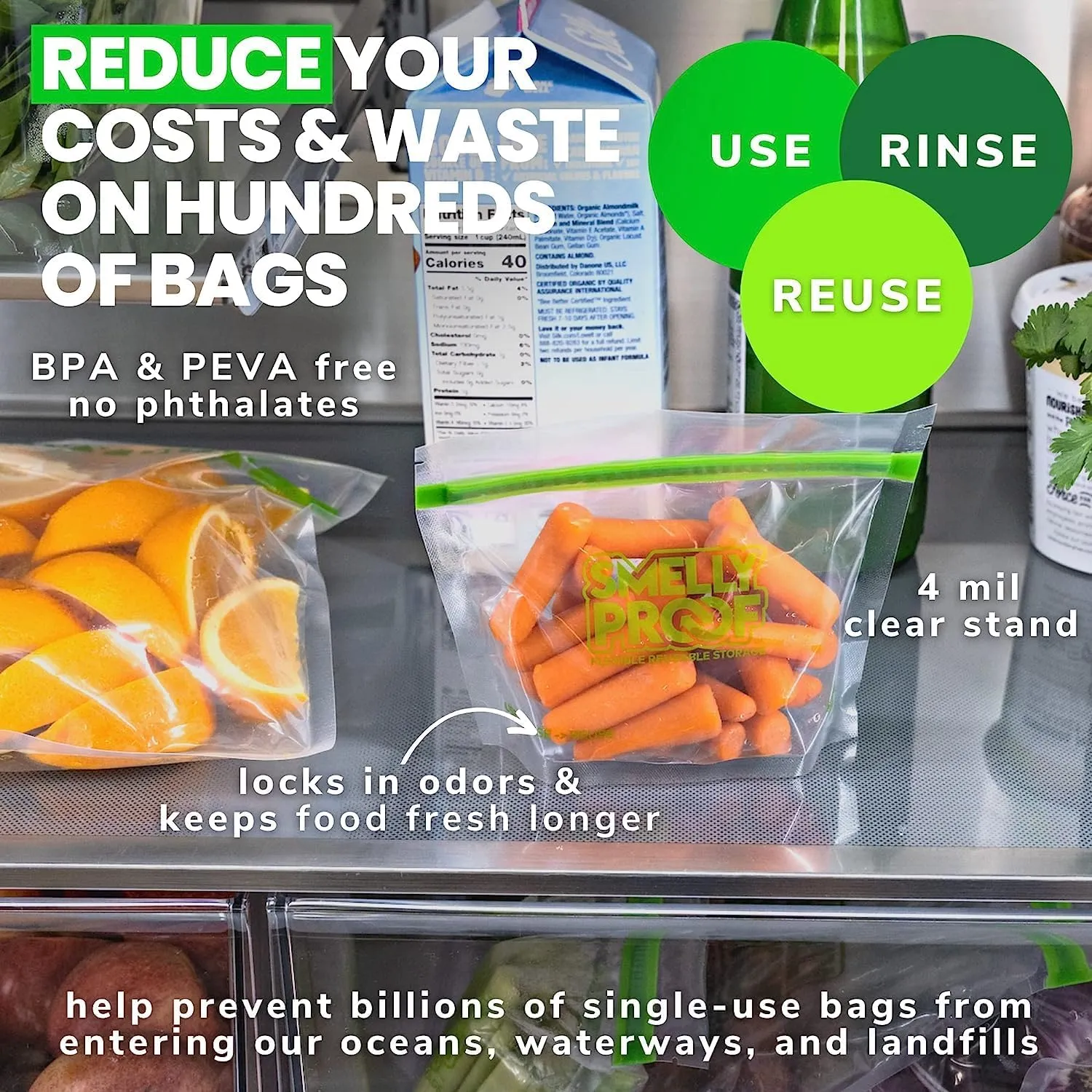 Smelly Proof 15 x Expandable Stand-Up & Fill REUSABLE Storage Bags for Food Designed & Mfg in US, BPA FREE, NO PEVA, Reusable Snack Bags, Dishwasher-Safe, Clear 3 mils STAND & FILL 6" x 4" - 15pk