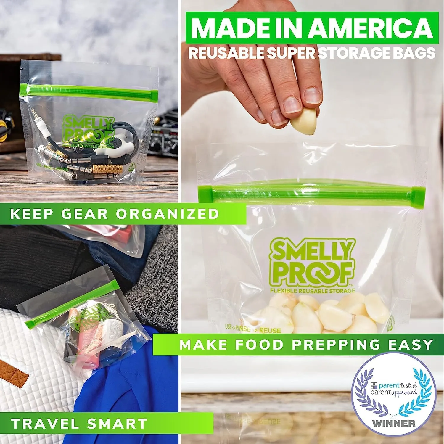 Smelly Proof 15 x Expandable Stand-Up & Fill REUSABLE Storage Bags for Food Designed & Mfg in US, BPA FREE, NO PEVA, Reusable Snack Bags, Dishwasher-Safe, Clear 3 mils STAND & FILL 6" x 4" - 15pk