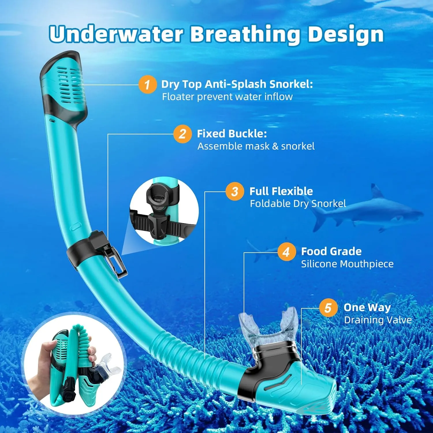 Snorkel Set Adults Snorkeling Gear Anti-Leak and Anti-Fog Tempered Glass Lens Panoramic View Swim Mask Dry Top Snorkel Kit for Snorkeling Scuba Diving Swimming Travel with Carry Bag