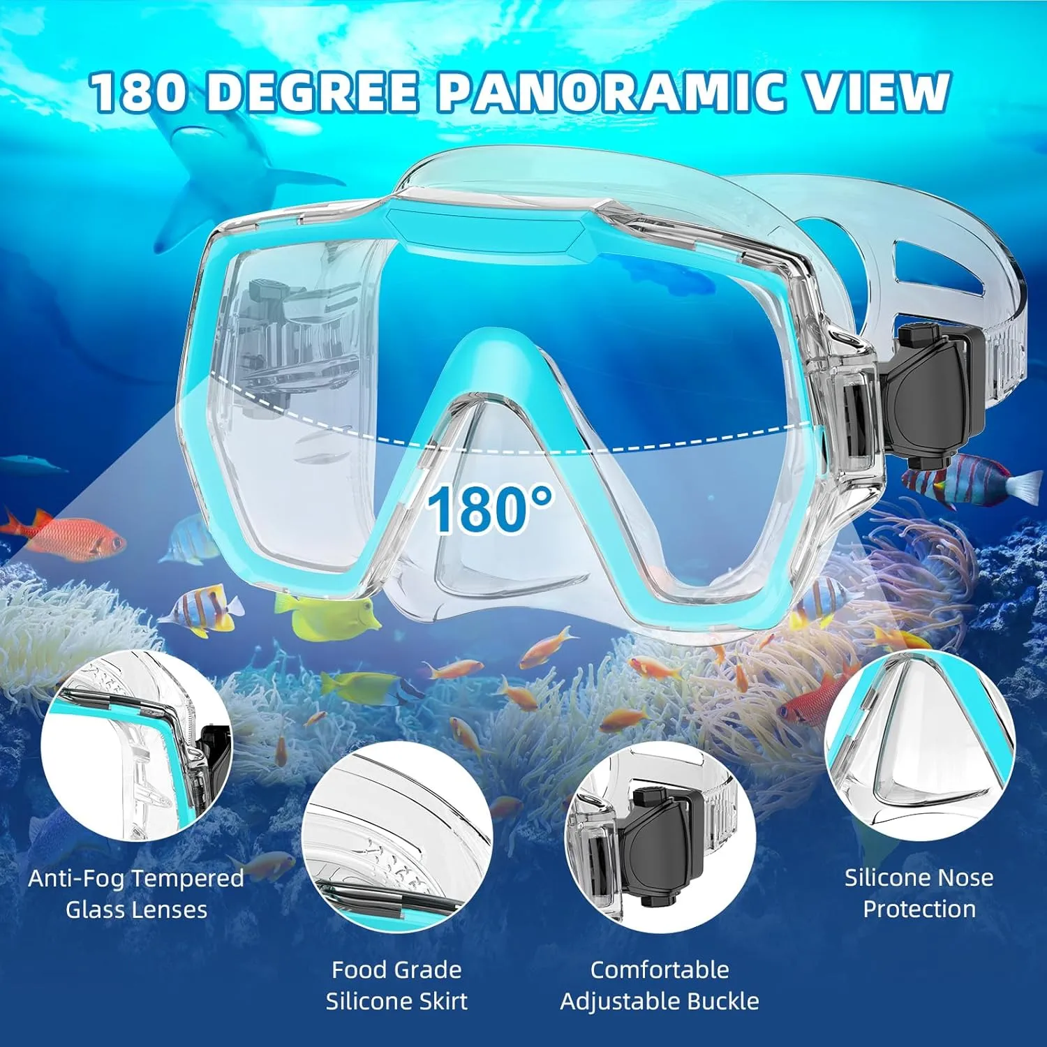 Snorkel Set Adults Snorkeling Gear Anti-Leak and Anti-Fog Tempered Glass Lens Panoramic View Swim Mask Dry Top Snorkel Kit for Snorkeling Scuba Diving Swimming Travel with Carry Bag