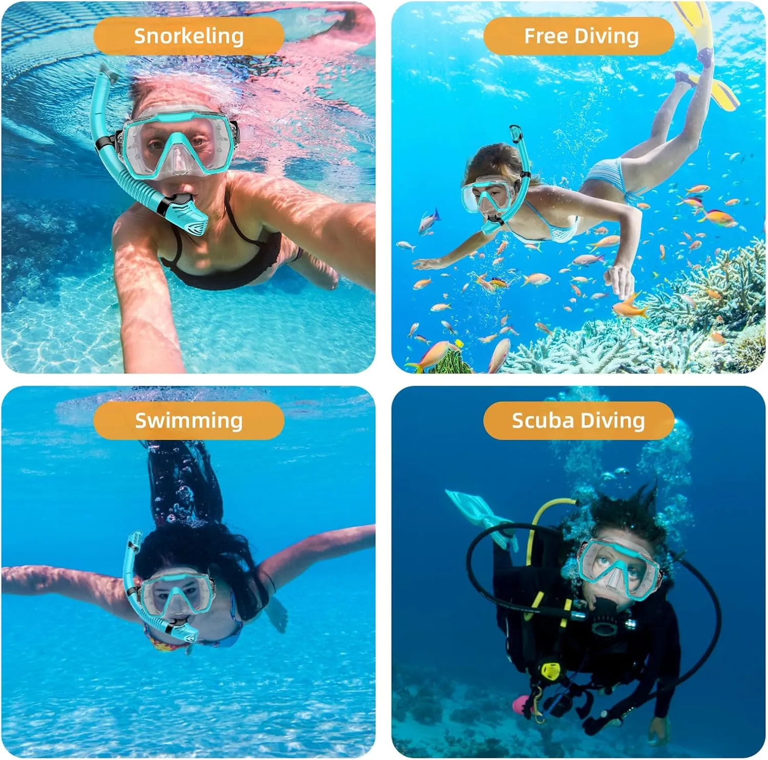 Snorkel Set Adults Snorkeling Gear Anti-Leak and Anti-Fog Tempered Glass Lens Panoramic View Swim Mask Dry Top Snorkel Kit for Snorkeling Scuba Diving Swimming Travel with Carry Bag