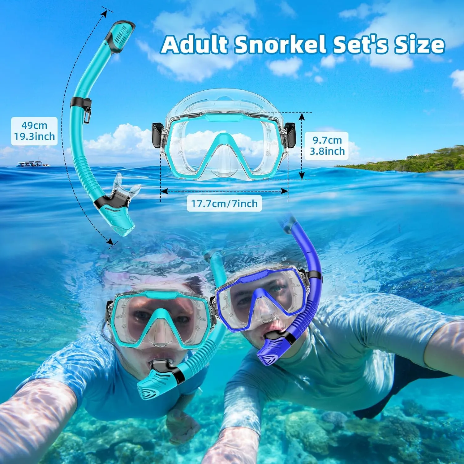 Snorkel Set Adults Snorkeling Gear Anti-Leak and Anti-Fog Tempered Glass Lens Panoramic View Swim Mask Dry Top Snorkel Kit for Snorkeling Scuba Diving Swimming Travel with Carry Bag