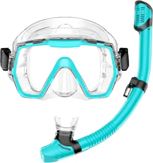 Snorkel Set Adults Snorkeling Gear Anti-Leak and Anti-Fog Tempered Glass Lens Panoramic View Swim Mask Dry Top Snorkel Kit for Snorkeling Scuba Diving Swimming Travel with Carry Bag