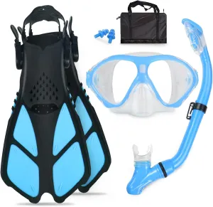 Snorkeling Gear for Kids with Panoramic Snorkling Mask Foldable Dry Snorkel Adjustable Fins Travel Bags,Suitable for 5-12 Years Old Kids Children Youth Boys Girls