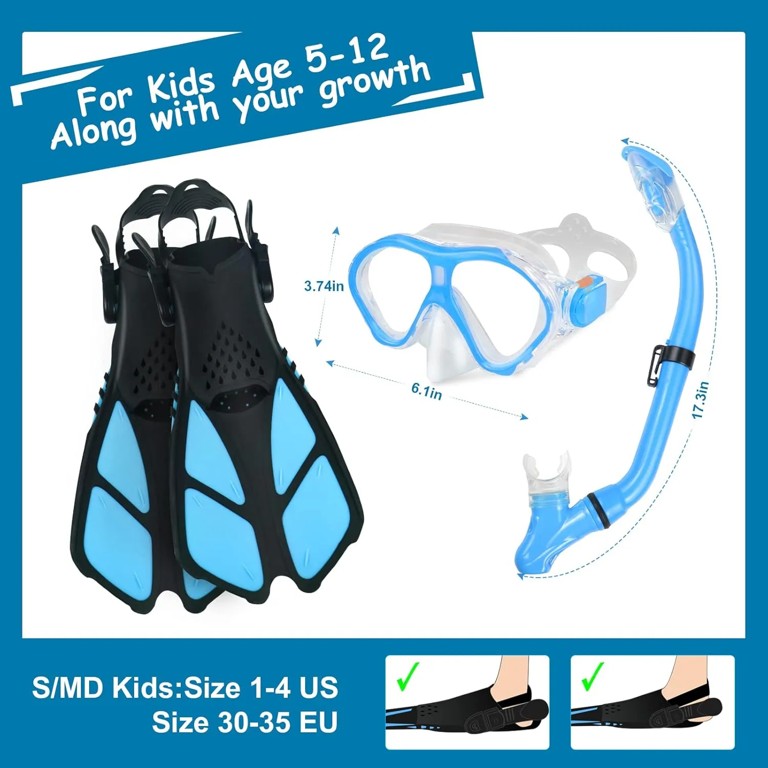 Snorkeling Gear for Kids with Panoramic Snorkling Mask Foldable Dry Snorkel Adjustable Fins Travel Bags,Suitable for 5-12 Years Old Kids Children Youth Boys Girls