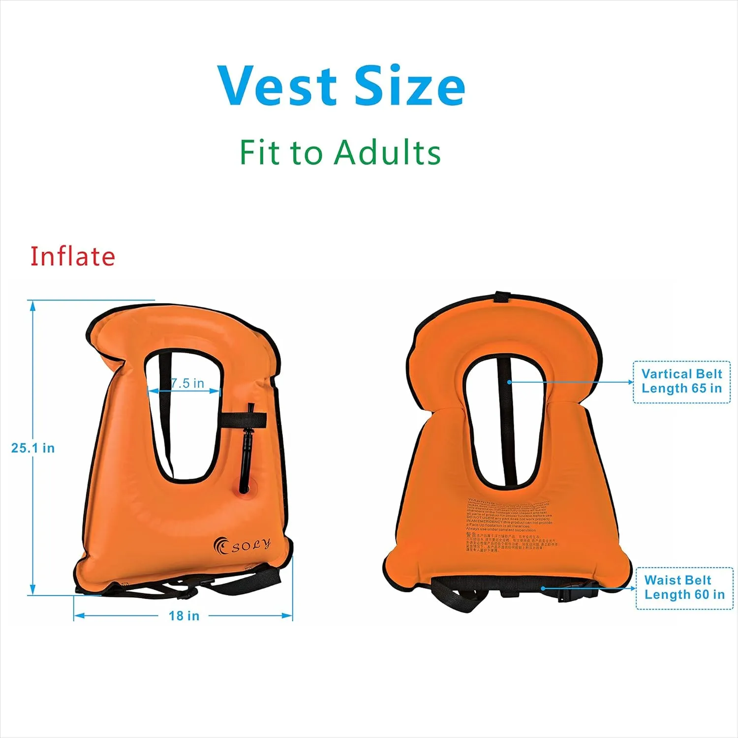 SOLY Inflatable Snorkel Vest Adult, Snorkeling Vest Adjustable Light Snorkeling Jackets for Diving LowImpact Water Sports Safety