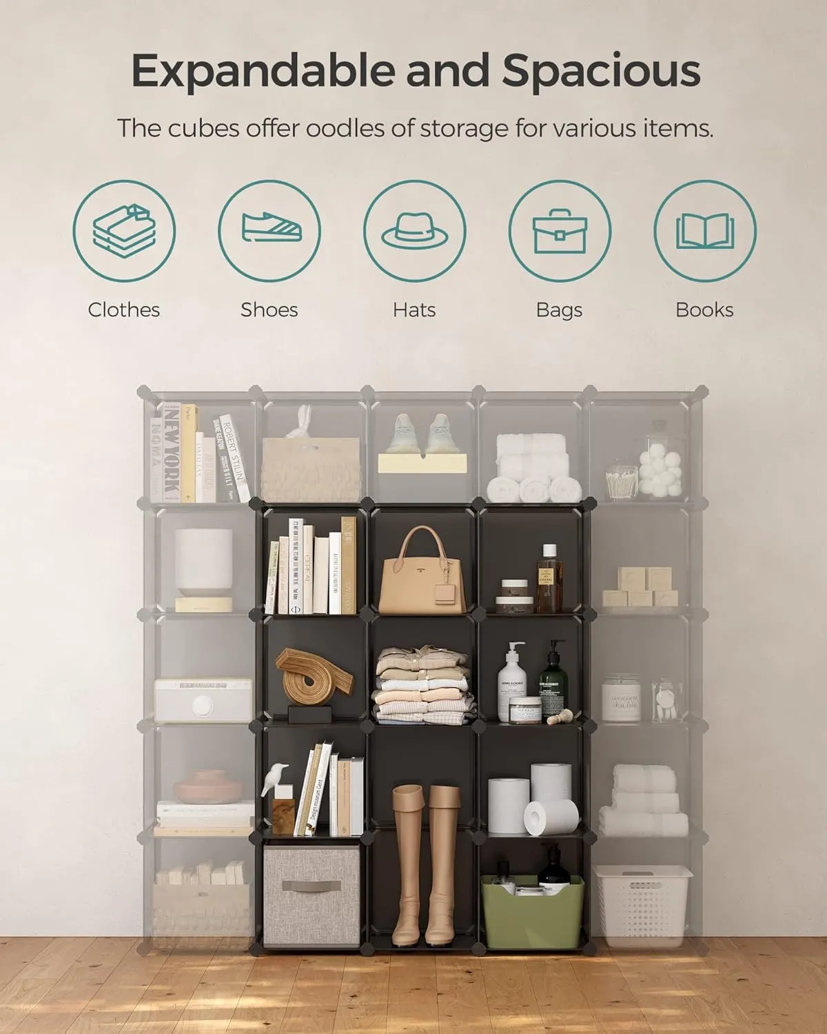 SONGMICS Cube Storage Organizer, Set of 16 Plastic Cubes, Closet Organizers and Storage, Room Organization, Bedroom Living Room, 12.2 x 48.4 x 48.4 Inches, Gray ULPC442G01