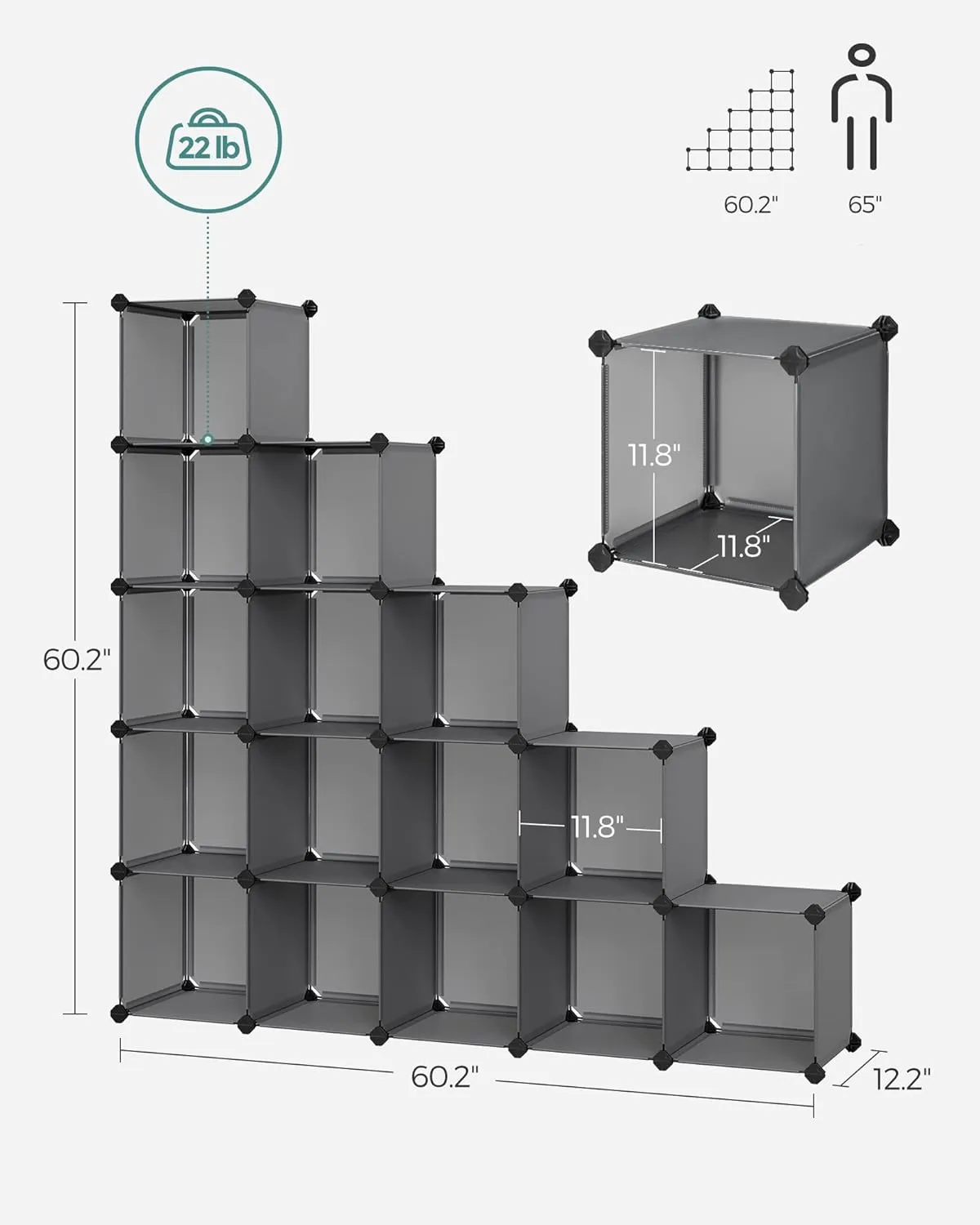 SONGMICS Cube Storage Organizer, Set of 16 Plastic Cubes, Closet Organizers and Storage, Room Organization, Bedroom Living Room, 12.2 x 48.4 x 48.4 Inches, Gray ULPC442G01