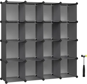 SONGMICS Cube Storage Organizer, Set of 16 Plastic Cubes, Closet Organizers and Storage, Room Organization, Bedroom Living Room, 12.2 x 48.4 x 48.4 Inches, Gray ULPC442G01