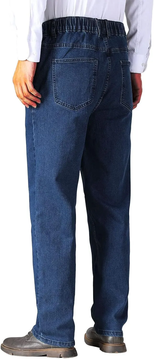 Soojun Mens Elastic Waist Jeans Relaxed Fit with Zipper and Button