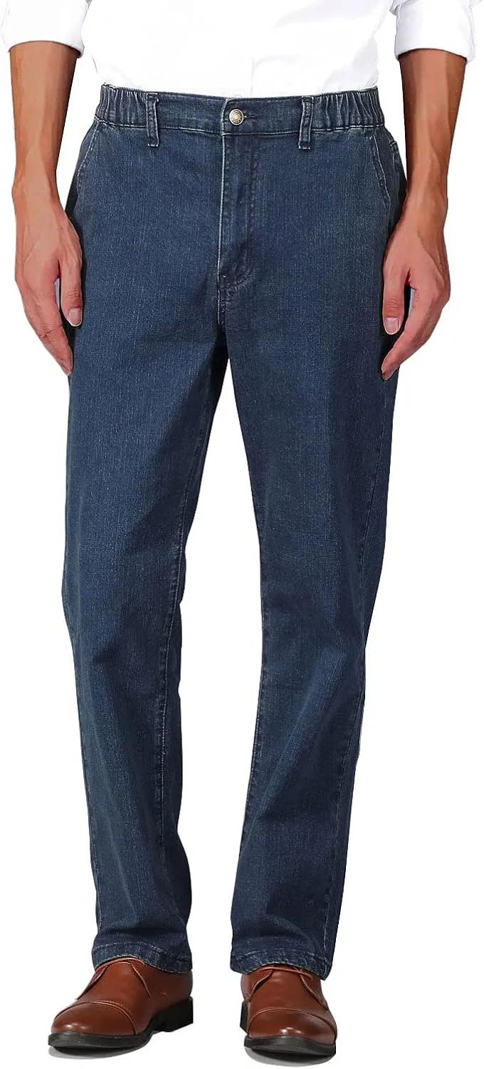 Soojun Mens Elastic Waist Jeans Relaxed Fit with Zipper and Button