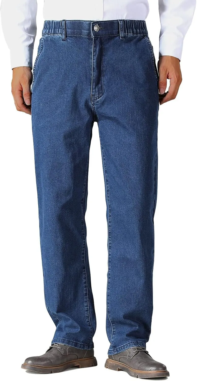 Soojun Mens Elastic Waist Jeans Relaxed Fit with Zipper and Button