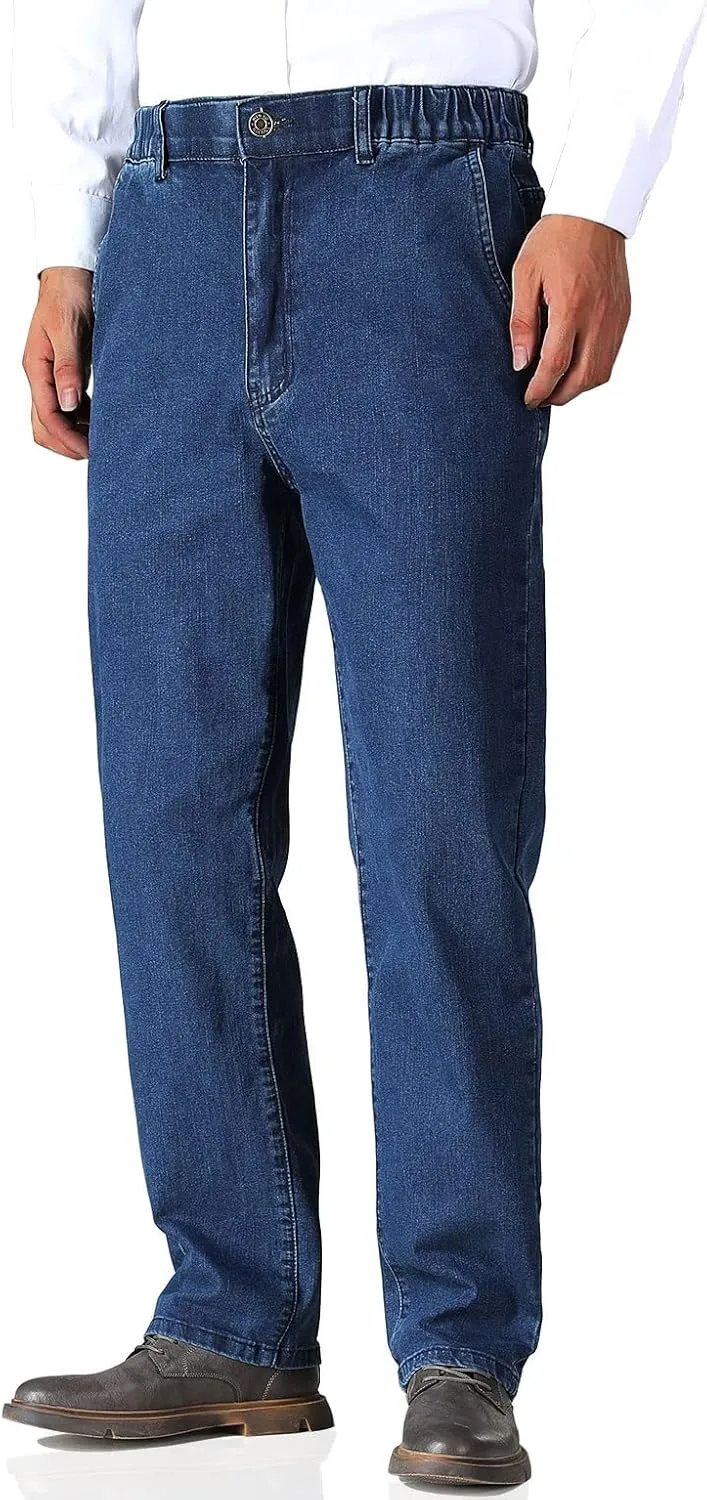 Soojun Mens Elastic Waist Jeans Relaxed Fit with Zipper and Button