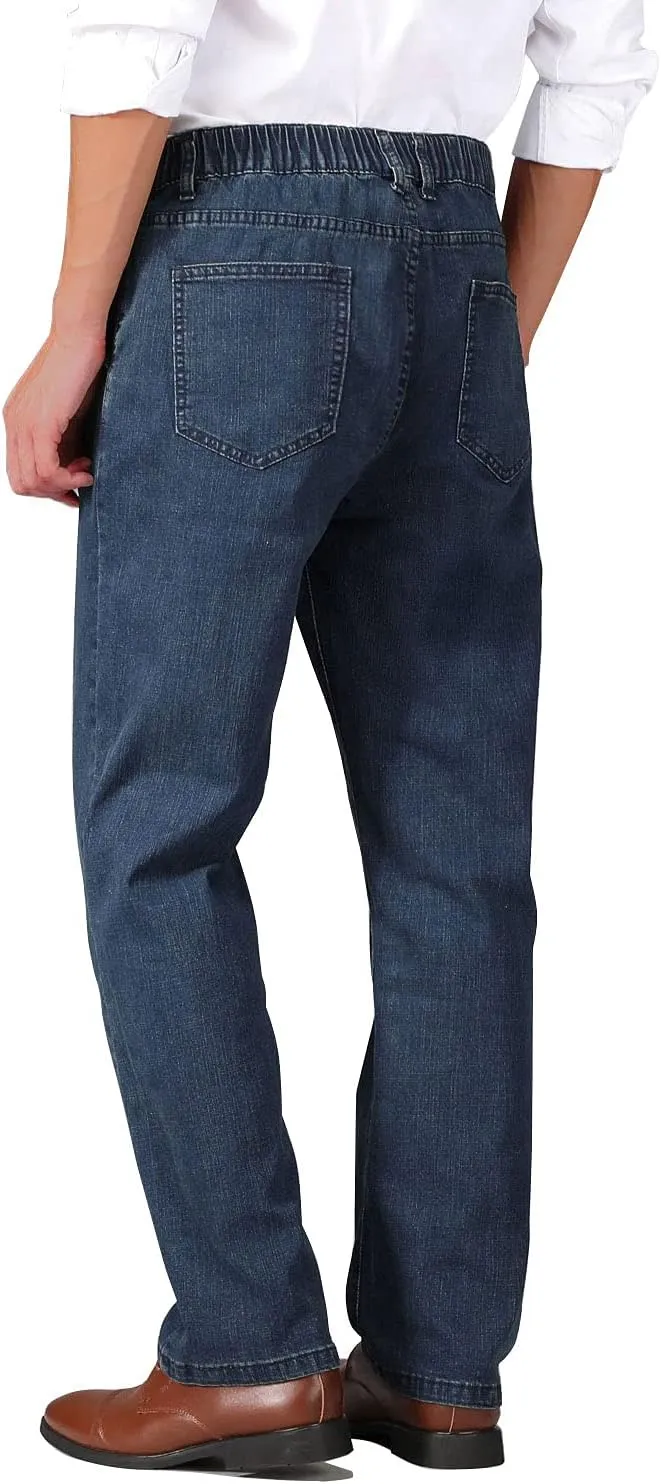 Soojun Mens Elastic Waist Jeans Relaxed Fit with Zipper and Button