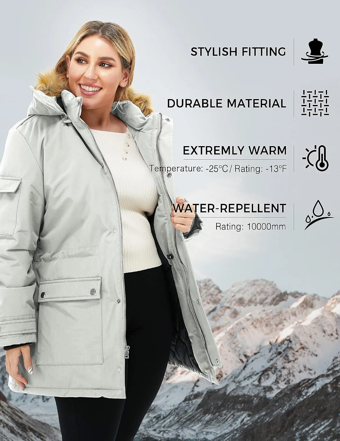 Soularge Women's Winter Plus Size Waterproof Thicken Puffer Coat with Faux fur Hood