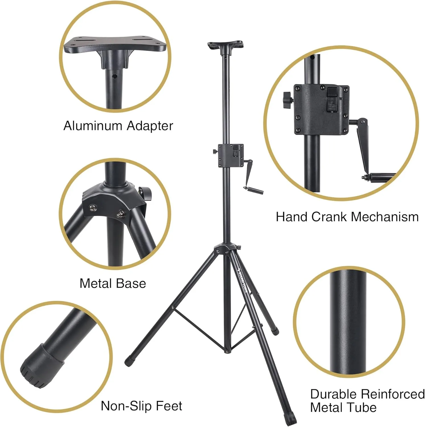 Sound Town 2-Pack Crank-Up Adjustable Height Tripod Speaker Stands (48"-78") with Carry Bags, Pole-Mount Adapter Brackets, 100 LB Load Capacity, Black (STSDA-78CU-PAIR)