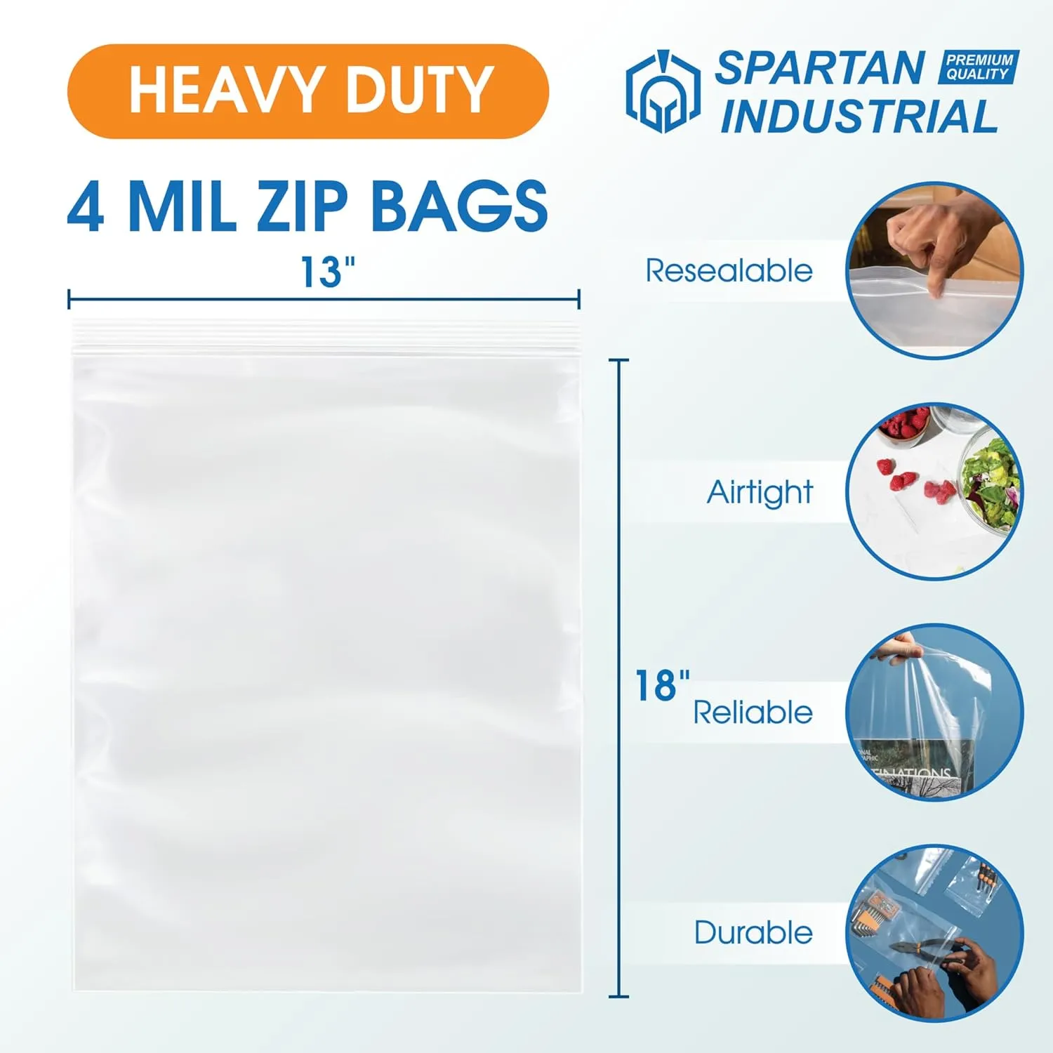 Spartan Industrial - 13” X 18” (250 Count) 4 Mil Thick Bulk Clear Reclosable Zip Plastic Poly Bags with Resealable Lock Seal Zipper - Heavy Duty and Durable