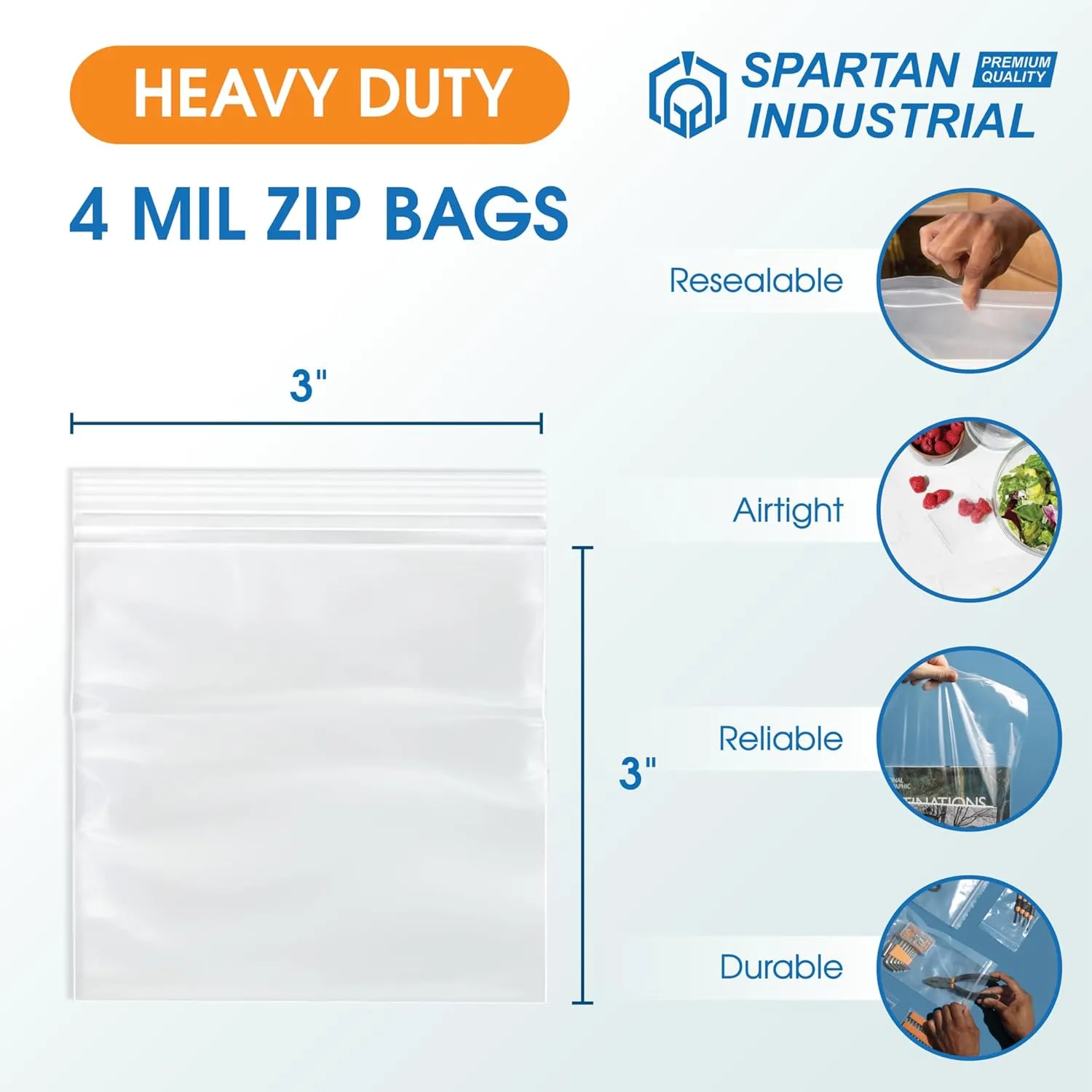 Spartan Industrial - 3” X 3” (1000 Count) 4 Mil Thick Clear Reclosable Zip Plastic Poly Bags with Resealable Lock Seal Zipper - Heavy Duty and Durable